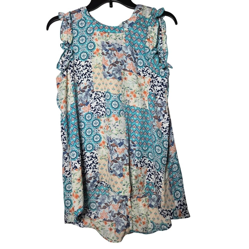 Cato Womens Floral Paisley Tank Top Size Medium Patchwork High Neck‎ Boho Ruffle